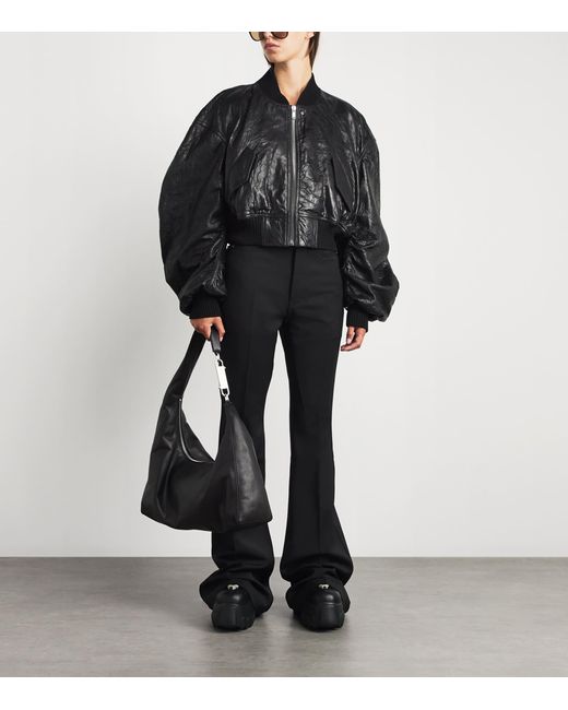 Rick Owens Black Crinkled Leather Bomber Jacket