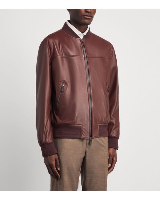 Isaia Purple Leather Bomber Jacket for men