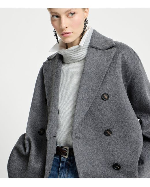 Brunello Cucinelli Gray Cashmere Double Beaver Cloth Pea Coat