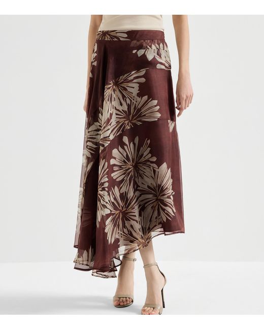 Brunello Cucinelli Brown Silk Floral Midi Skirt