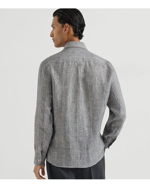Brunello Cucinelli Gray Linen Stripe Shirt for men