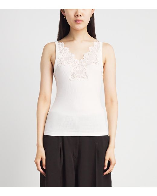 Sandro White Ribbed Lace-Trim Tank Top