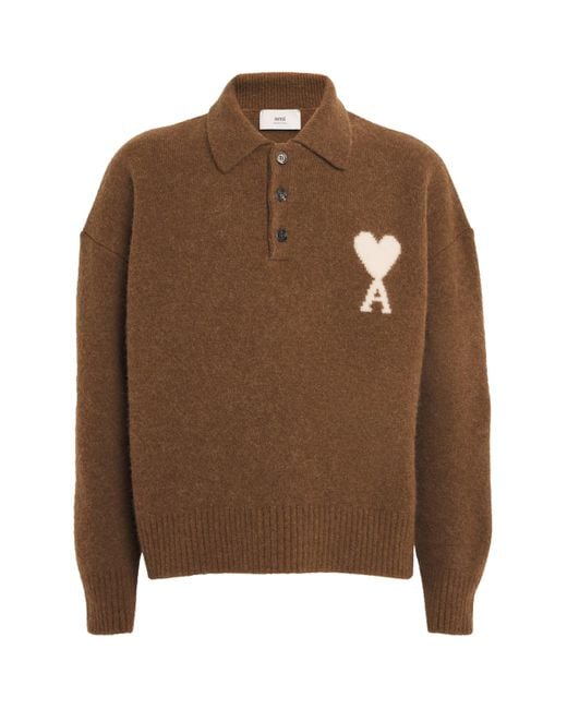 AMI Brown Alpaca-Blend Polo Sweater for men