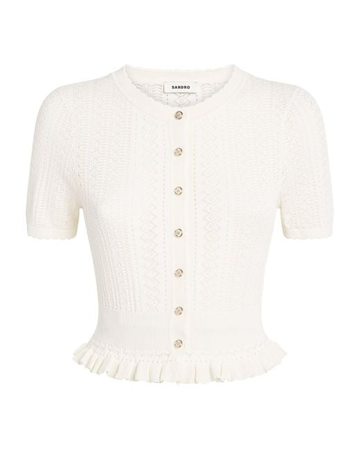 Sandro White Pointelle-Knit Cropped Cardigan