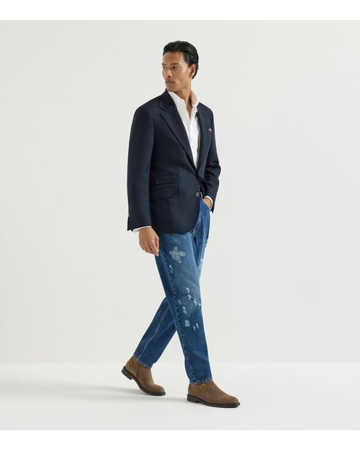 Brunello Cucinelli Blue Mouliné Virgin Wool Twill Deconstructed Blazer for men