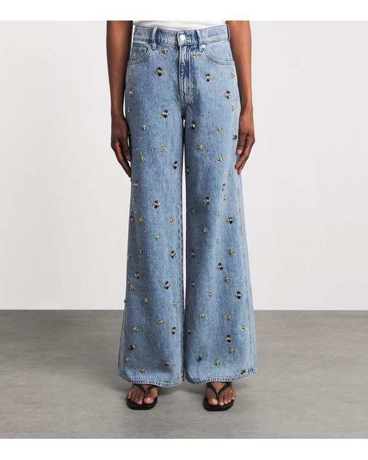 Veronica Beard Blue Embellished Kasey Mid-Rise Wide-Leg Jeans