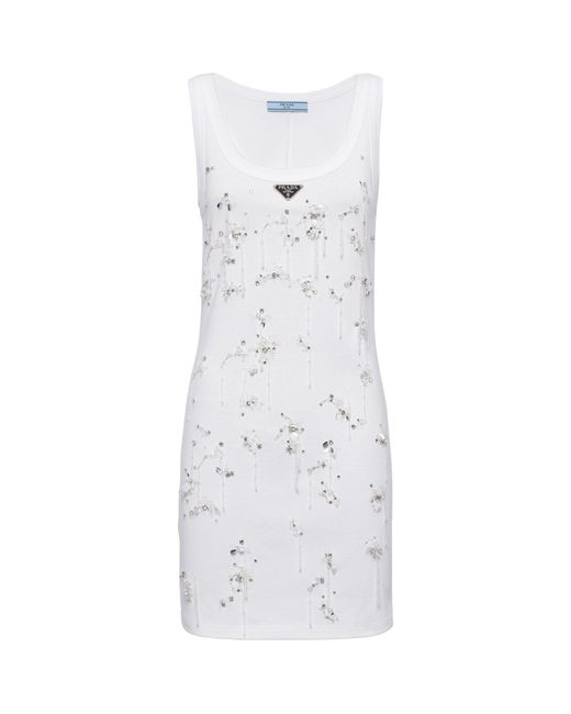 Prada White Cotton Embellished Tank Top Dress