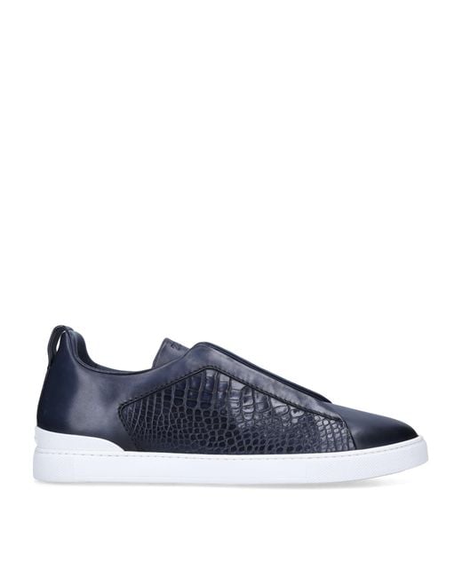 Zegna Blue Crocodile Leather Triple Stitch Sneakers for men