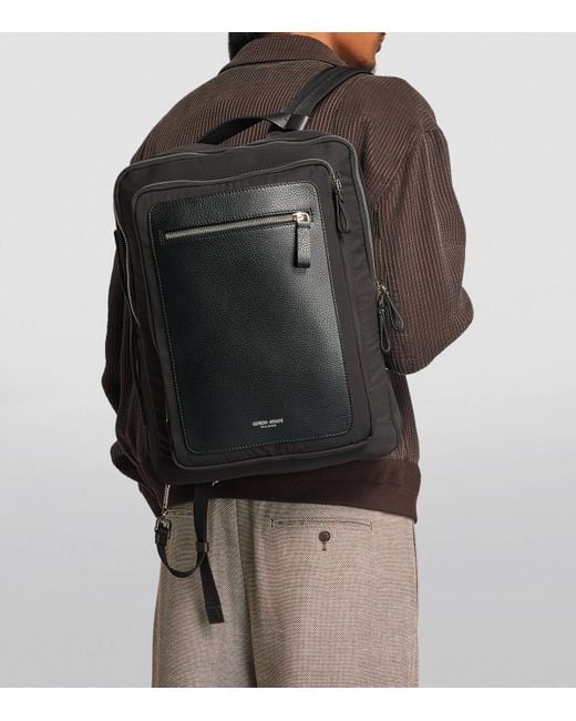 Giorgio Armani Black Leather-Trim Backpack for men