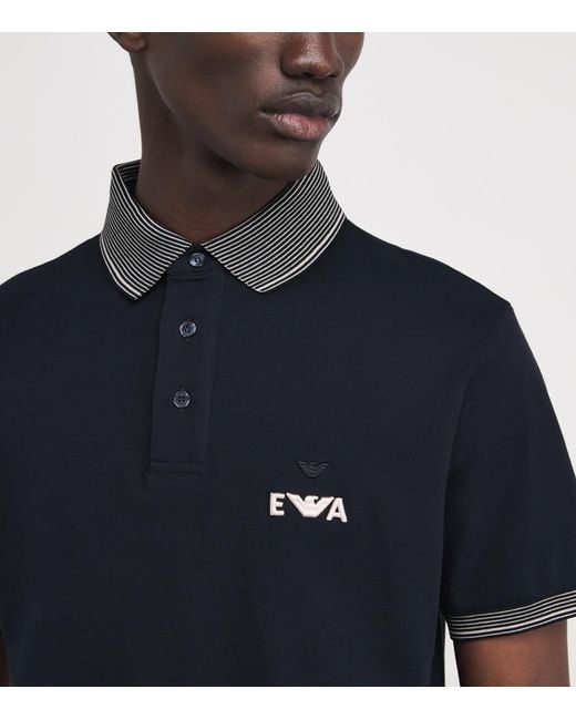 Emporio Armani Blue Cotton Piqué Stripe-Trim Polo Shirt for men