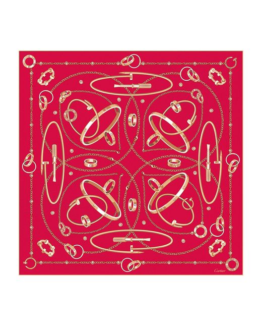 Cartier Red Silk Precious Mundanity Printed Scarf