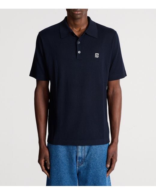 Balmain Blue Silk-Cotton Logo Polo Shirt for men