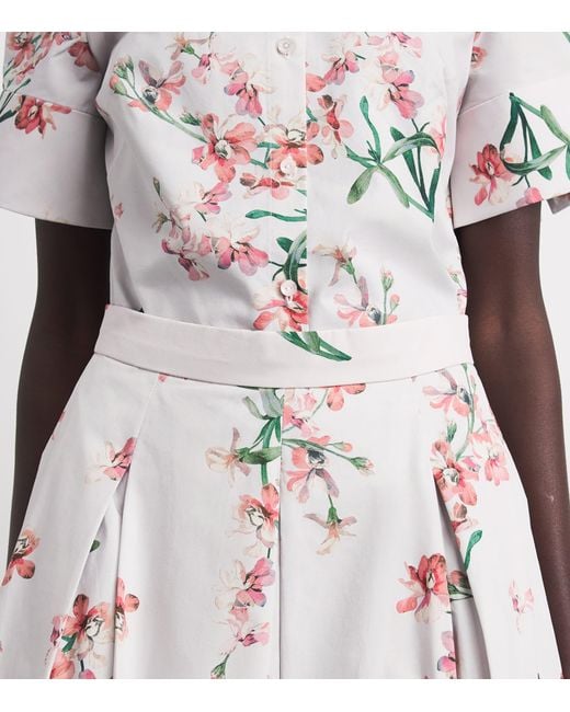 Erdem White Cotton Floral Pleated Midi Skirt