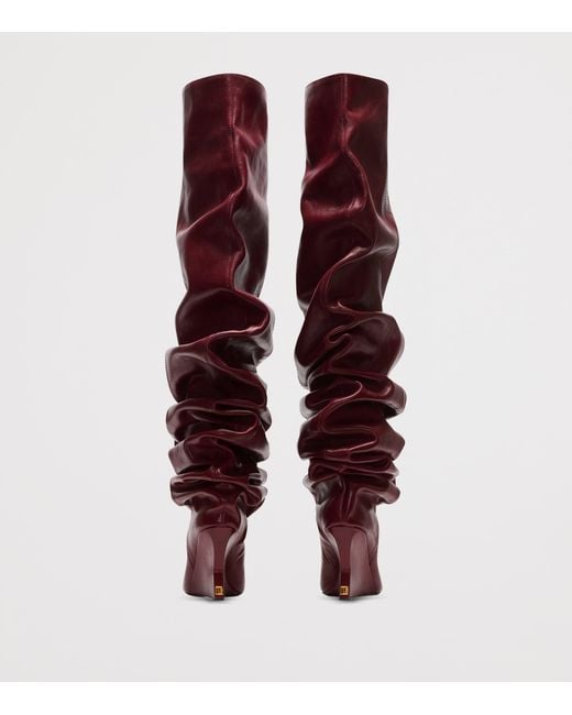 Balmain Red Leather Wedge Over-The-Knee Boots 95