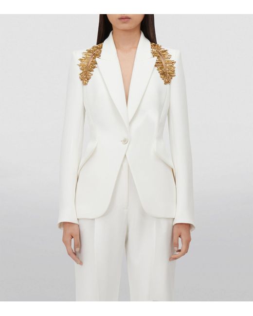Alexander McQueen White Crystal-embellished Notch-lapel Crepe Blazer