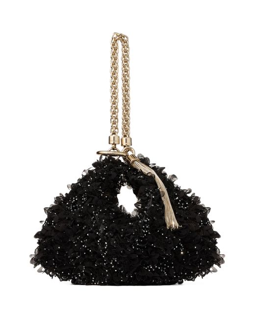 Jimmy Choo Black Callie Petal-Embroidered Satin Clutch Bag