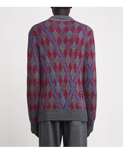 Dries Van Noten Blue Argyle Open-Collar Sweater for men