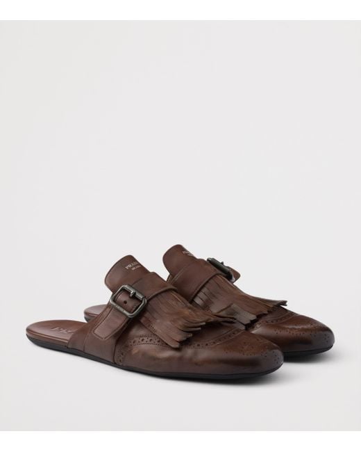 Prada Brown Antiqued Leather Shuffle Mules for men