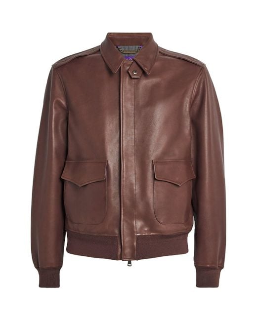 Ralph Lauren Brown Leather Bomber Jacket for men