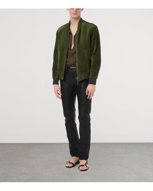 Tom Ford Green Leather Perforated Bomber Jacket for men