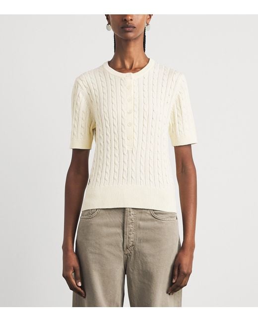 Polo Ralph Lauren White Cable-Knit Short-Sleeve Henley Sweater