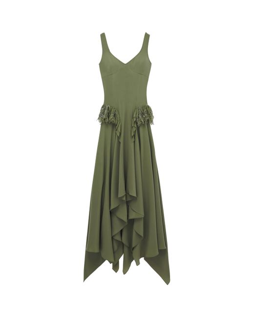 McQueen Silk Asymmetric Midi Dress in Green | Lyst