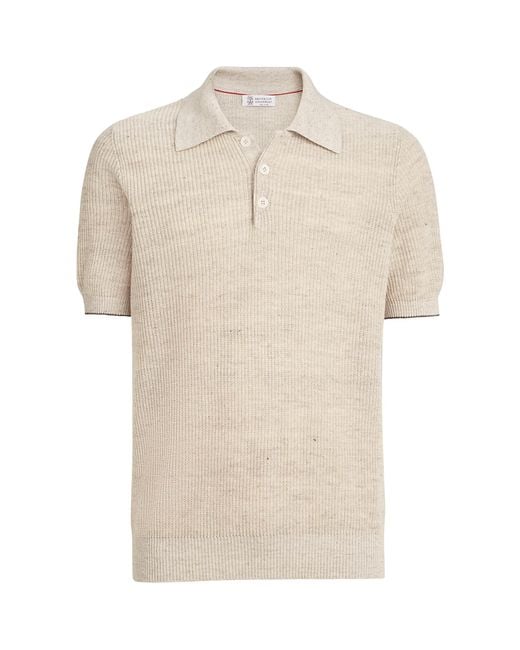 Brunello Cucinelli White Linen-Cotton Knitted Polo Sweater for men