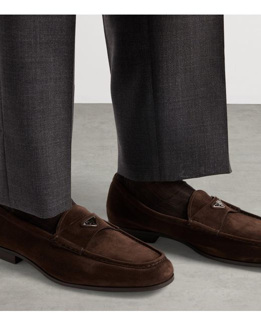 Prada Brown Suede Triangle Loafers for men