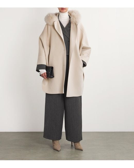 Yves Salomon Natural Wool-Cashmere Fur-Trim Cape Coat