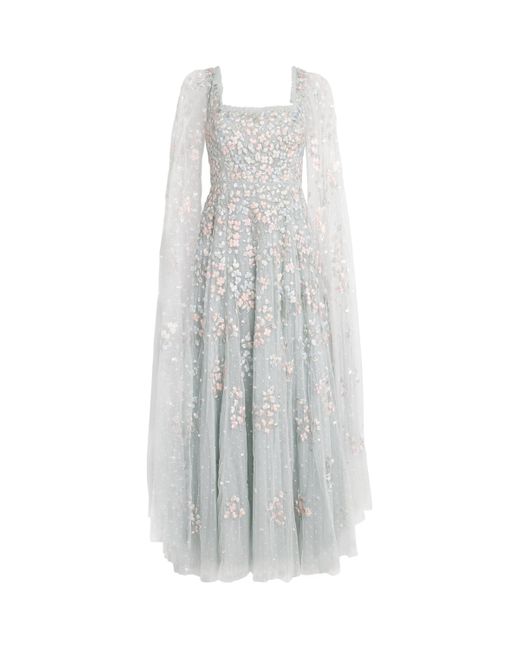 Needle & Thread White Cape-Sleeve Versailles Ditsy Maxi Dress
