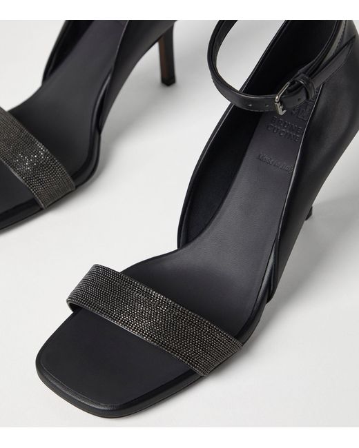 Brunello Cucinelli Black Leather Monili Heeled Sandals 80