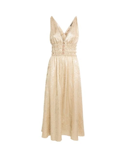Maje Natural Lamé Shirred Midi Dress