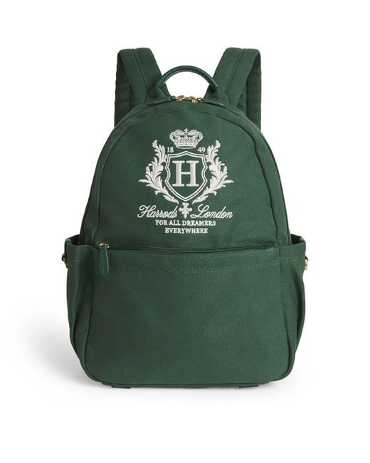 Harrods Green Cotton Embroidered Emblem Backpack