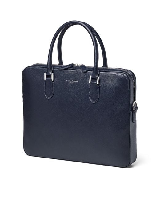 Aspinal Blue Leather Mount Street Briefcase Bag for men