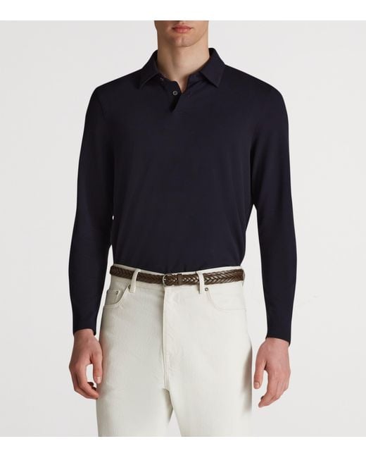 Dunhill Blue Cotton-Silk Piqué Long-Sleeve Polo Shirt for men