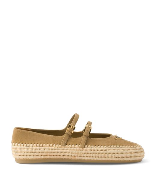 Prada Natural Leather And Raffia Ballet Flats
