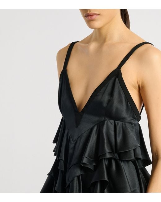 Balmain Black Silk Satin Ruffled Top