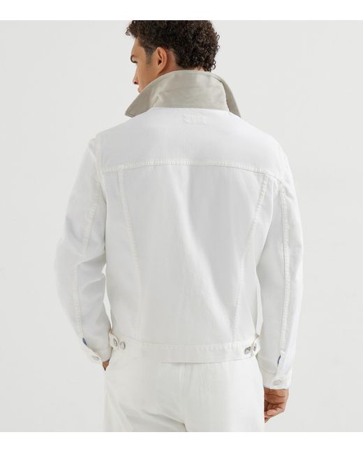 Brunello Cucinelli White Denim Leather-Collar Jacket for men