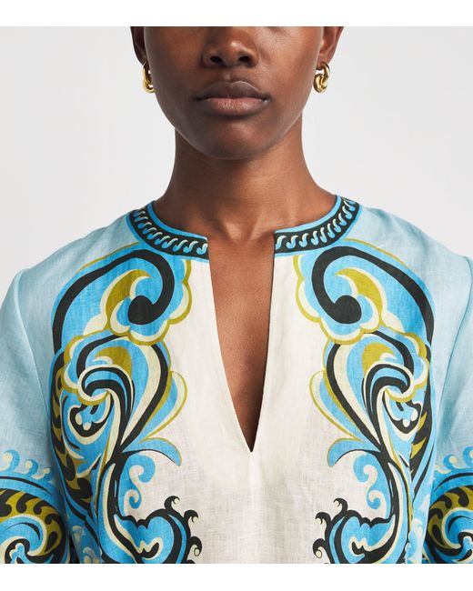 ALÉMAIS Blue Linen Printed Natalia Mini Dress