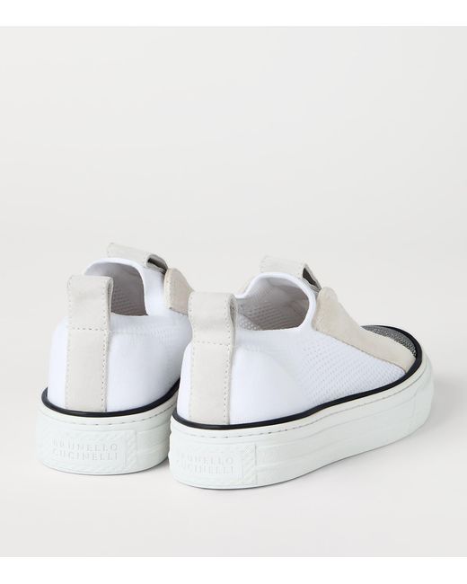 Brunello Cucinelli White Knitted Suede-Trim Sneakers