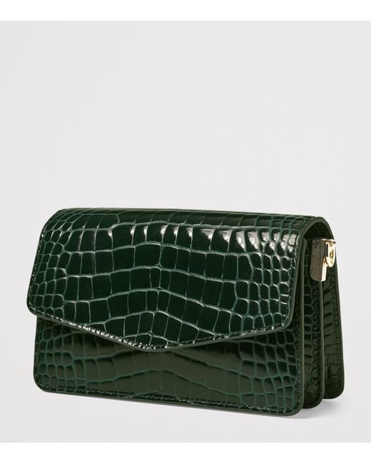 Aspinal Green Leather Croc-Embossed Eliza Clutch Bag