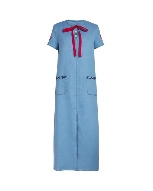 Sleeper Blue Linen Embroidered Petra Maxi Dress