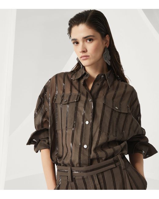 Brunello Cucinelli Brown Cotton Organza Dazzling Stripe Jacket