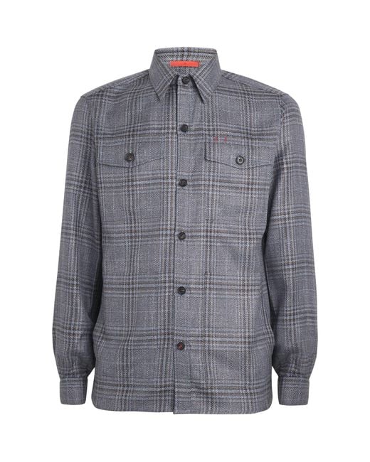 Isaia Gray Wool-Silk-Linen Check Overshirt for men