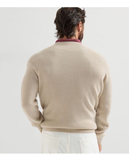 Brunello Cucinelli White Cashmere Ribbed Sweater for men