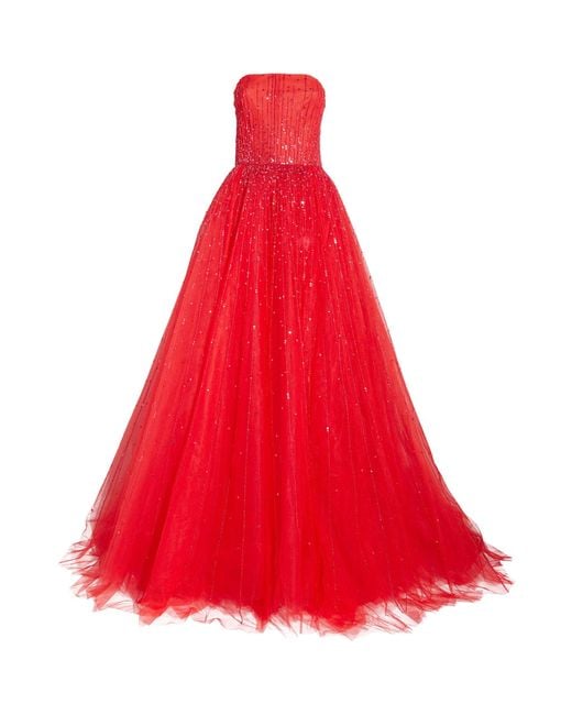 Monique Lhuillier Red Embellished Tulle Gown