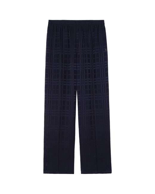 Burberry Blue Silk Check Straight-Leg Trousers
