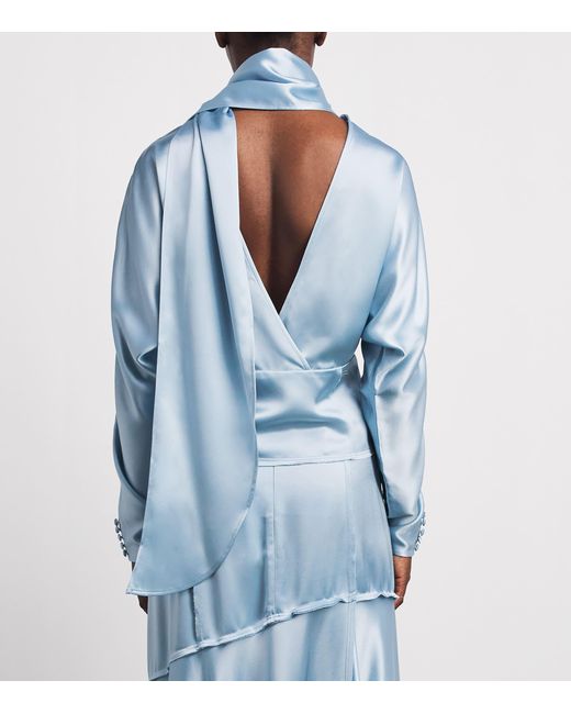 Ganni Blue Satin Scarf Blouse
