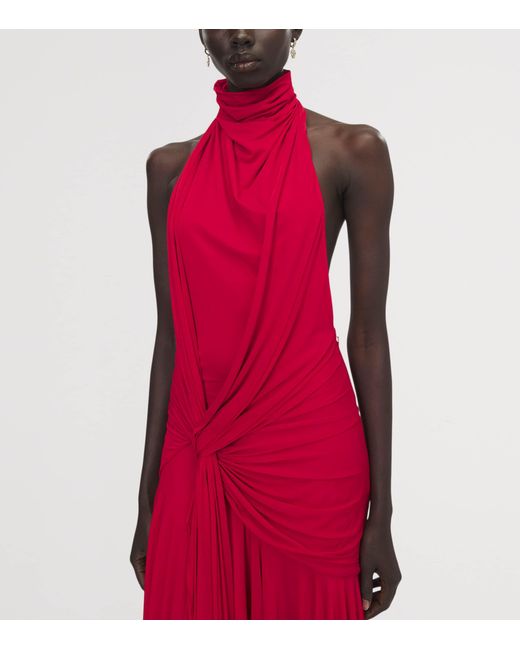 McQueen Red Asymmetric Draped Maxi Dress