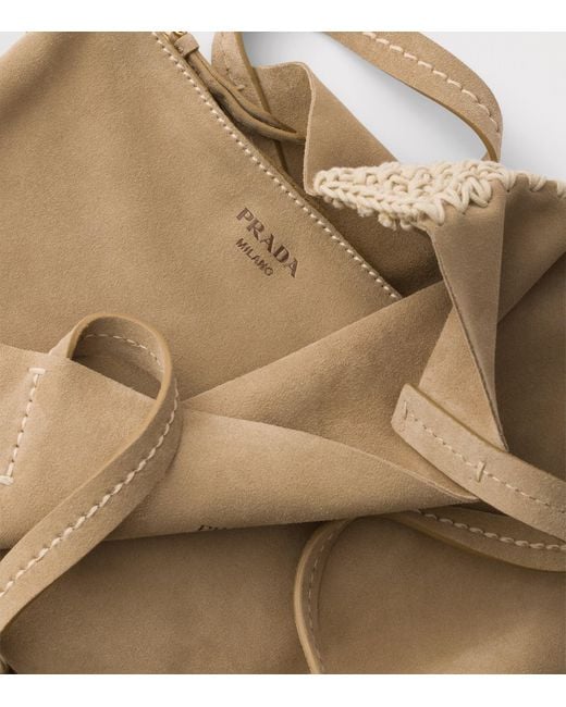 Prada Natural Large Suede And Crochet Tote Bag